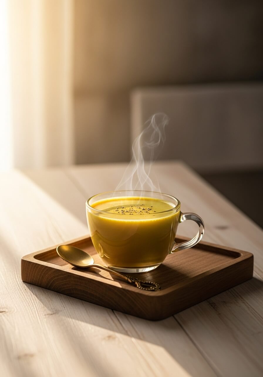 나무 트레이 위 김이 나는 골든밀크 한 잔, 강황가루와 후추가 함께 놓인 따뜻한 장면