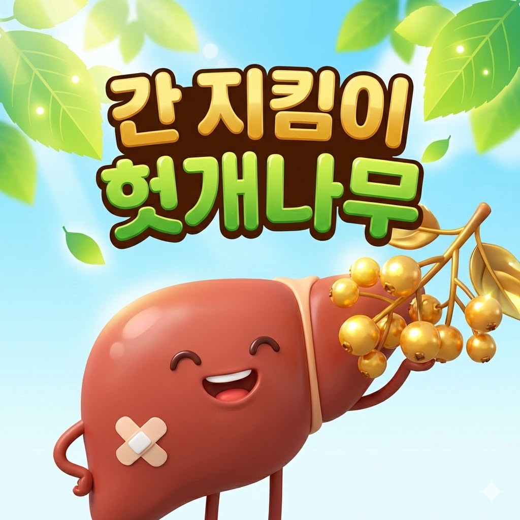 웃는 간 캐릭터가 헛개나무 열매를 들고 있는 모습. 간 지킴이 헛개나무라는 문구가 있는 3D 카툰 일러스트.