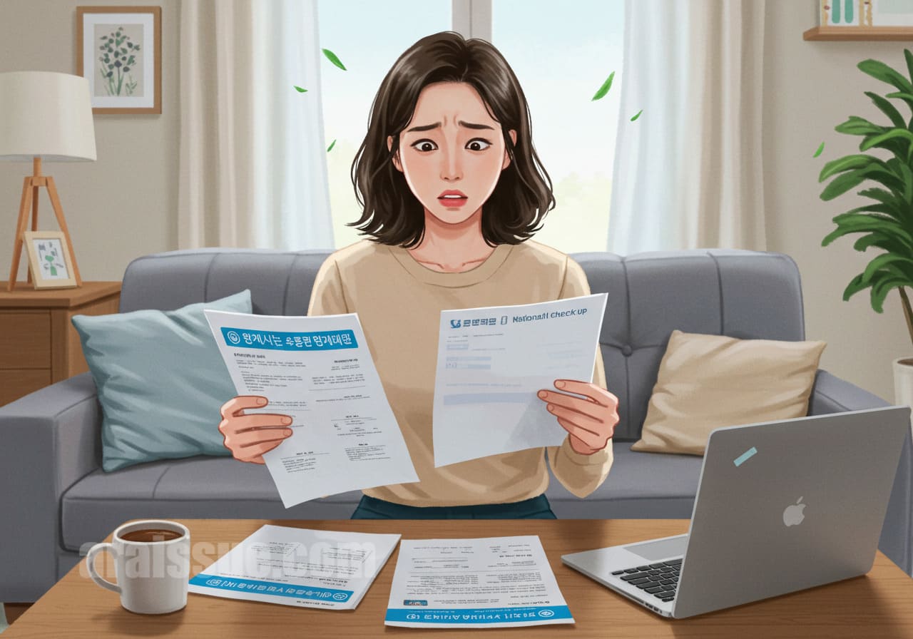 30대 후반 한국 여성이 실손보험과 건강검진 혜택이 중복되는지 비교하며 고민하는 모습을 표현한 이미지입니다.