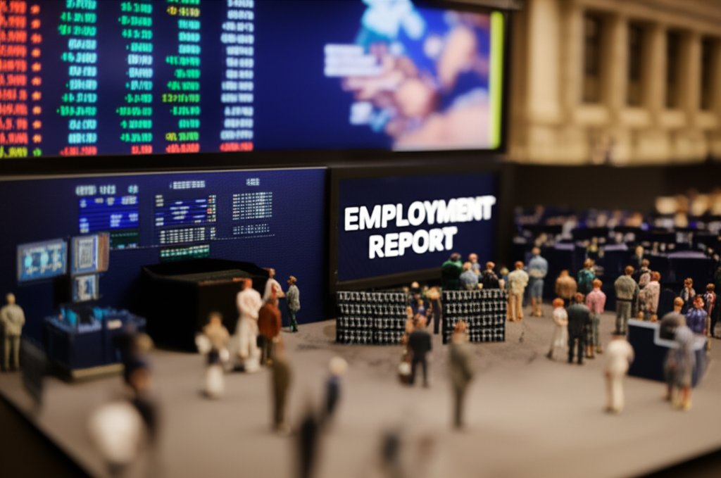 뉴욕증시, 이란 사태, 고용보고서 미니어처 디오라마 스타일, 틸트시프트 효과