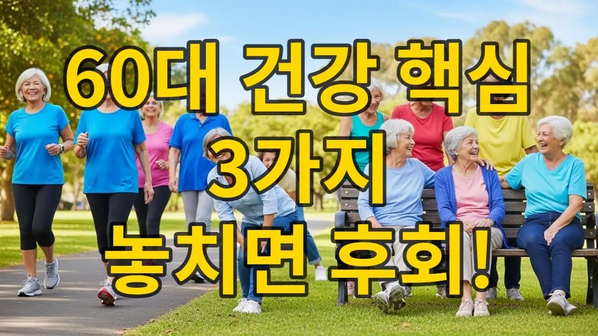 활기찬 60대 시니어들이 햇살 가득한 공원에서 함께 운동하고 웃으며 건강하게 교류하는 모습.