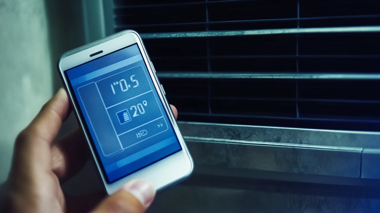 스마트폰 앱을 이용해 에어컨의 설정을 편리하게 조정하는 모습입니다. 기술과 현대 생활의 완벽한 통합을 보여주며, 간편하고 효율적인 사용 방식을 통해 일상적인 편리함을 강조합니다.