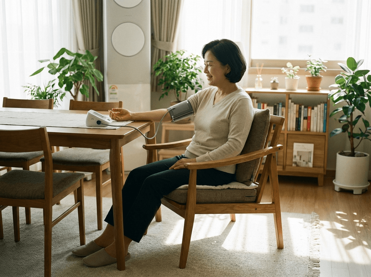 올바른 혈압 측정 자세를 보여주는 사진 — 등받이 의자에 앉아 팔을 테이블에 올린 모습