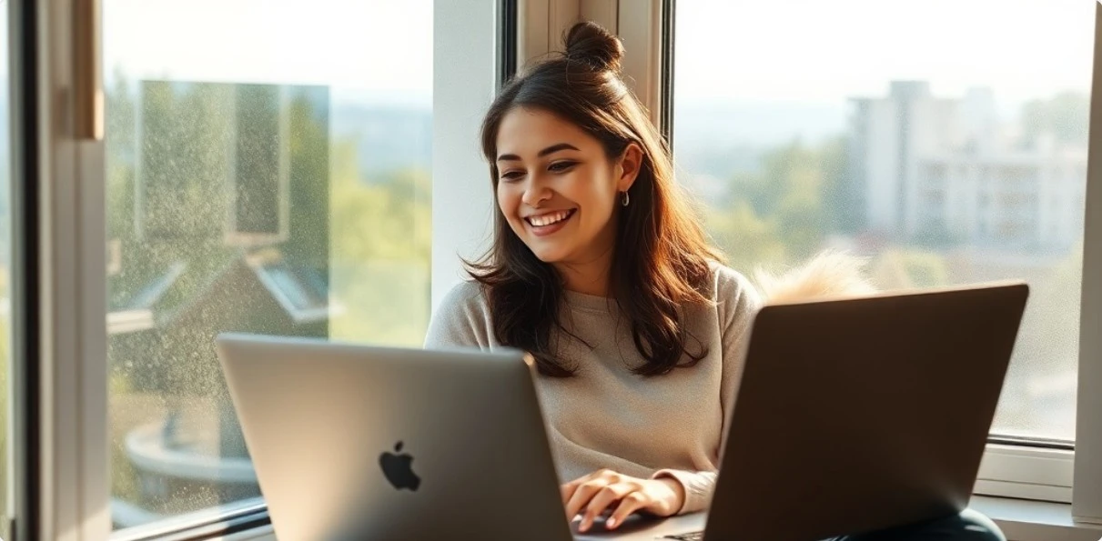 창가에서 노트북으로 일하며 미소 짓는 사람