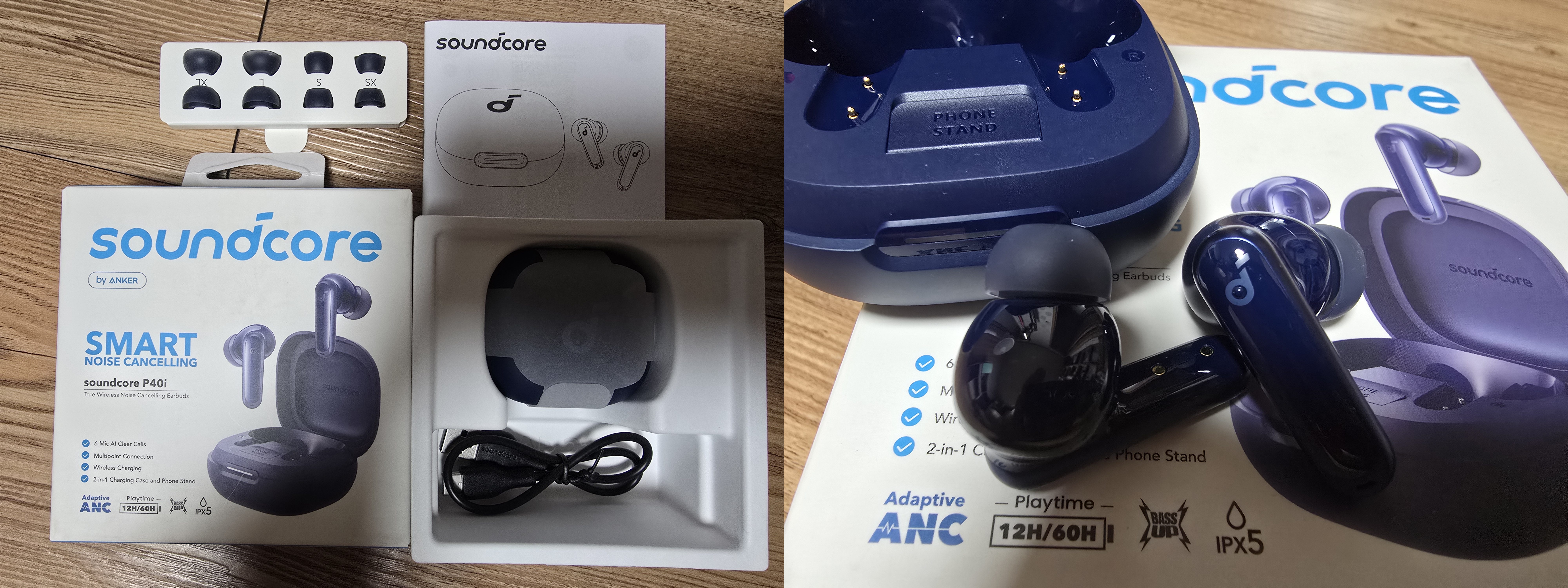 Unboxing of Soundcore P40i true wireless earbuds with charging case, ear tips, and USB-C cable.
