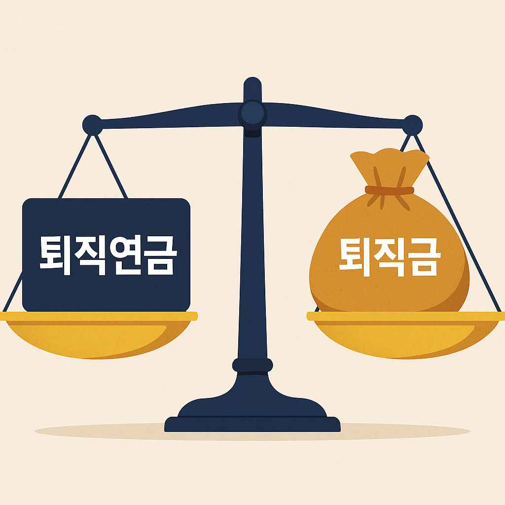 퇴직연금과 퇴직금을 저울 위에 비교한 일러스트 이미지