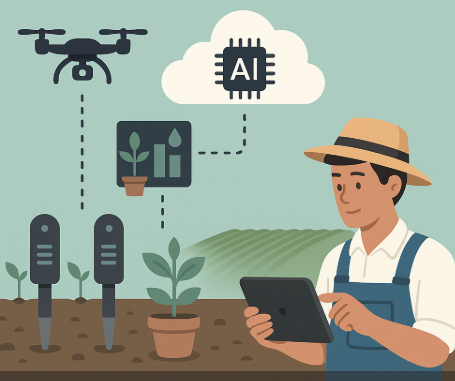 데이터 기반 비료 계획을 표현한 인포그래픽. 토양 센서와 드론이 데이터를 수집하고, 클라우드 AI가 이를 분석해 농민이 스마트 기기로 비료 투입 전략을 확인하는 과정을 시각화한 이미지.