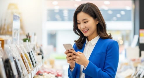 자영업자가 가게에서 스마트폰으로 정책 확인