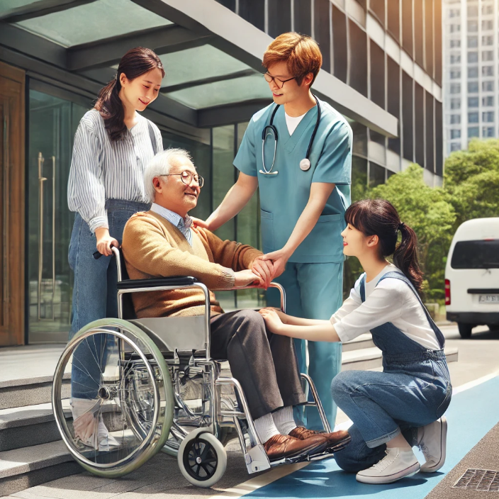 노령 장애인을 위해 휠체어를 준비하는 가족의 모습