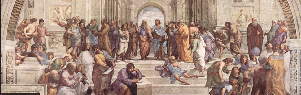 로마시대의 철학자들로 보이는 많은 사람들이 큰 홀에 모여서 이야기를 나누고 있는 그림