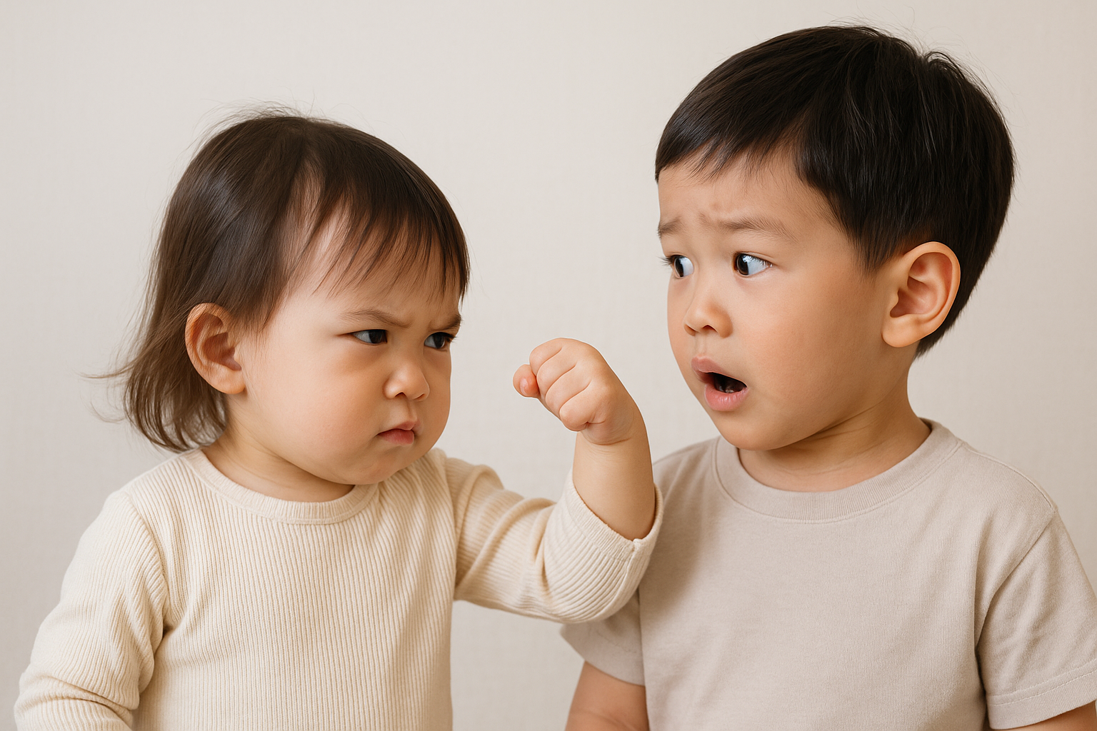 때리려는 여자아이와 놀라서 바라보는 오빠