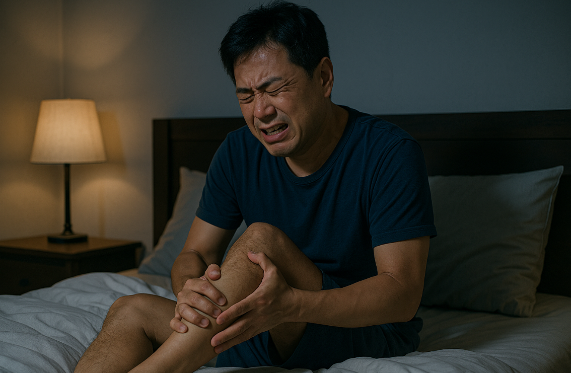 수면 중 다리 경련으로 고통받는 중년 남성 모습
