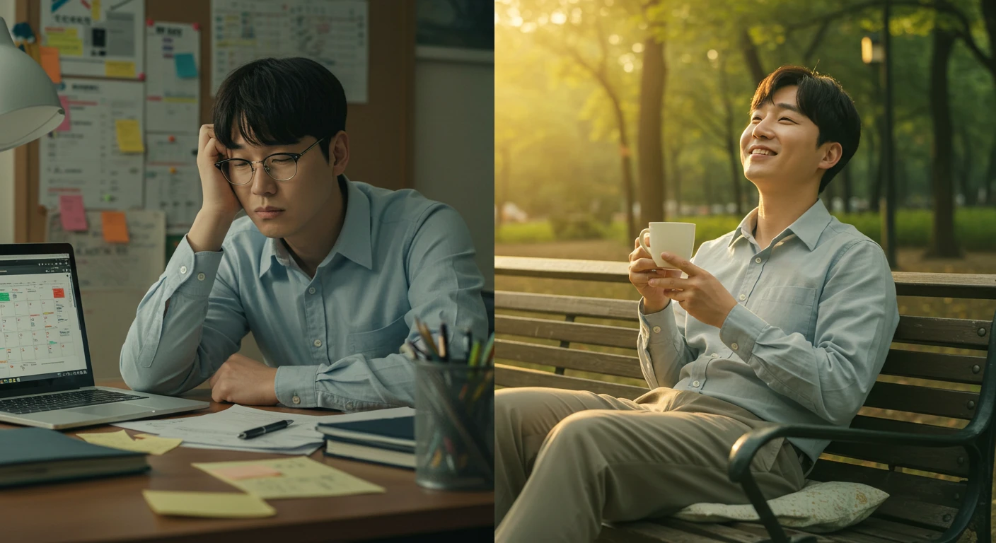과도한 계획으로 스트레스받는 모습과 공원에서 평화롭게 휴식을 취하는 남성의 모습을 대비시킨 이미지. 제대로 된 하루 휴가의 중요성을 보여준다.