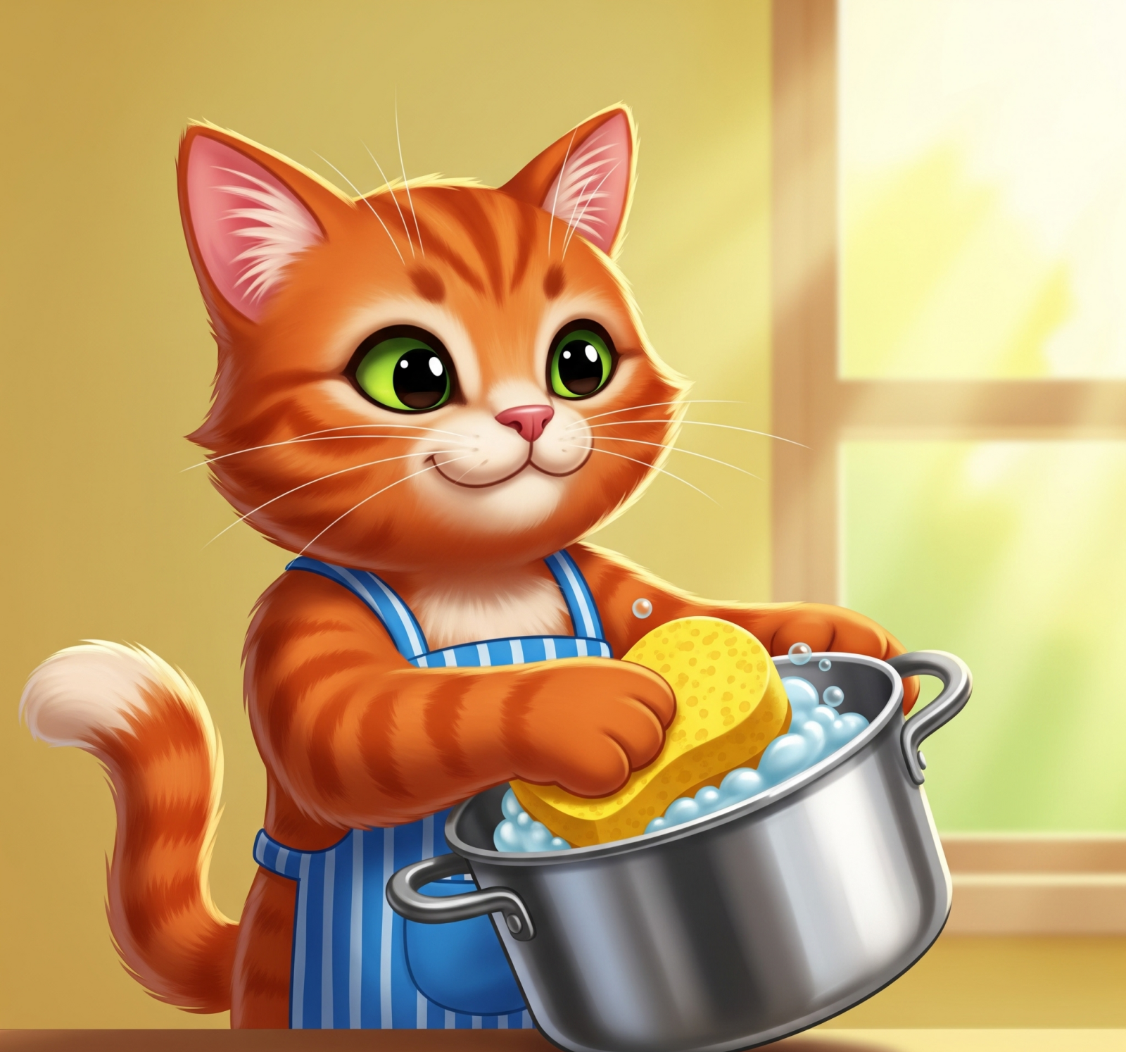 스테인리스 냄비 연마제를 닦는 고양이 그림, Illustration of a cat polishing a stainless steel pot abrasive