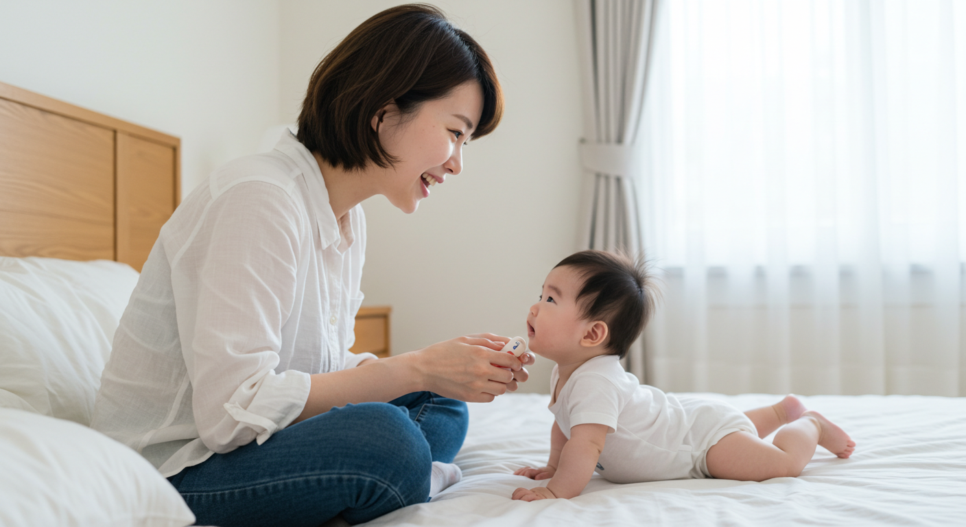 6개월 정도된 한국인 아기와 30대 초반으로 보이는 엄마. 엄마는 웃는 얼굴로 침대에 앉아 있고, 아기는 엎드린 채 엄마를 처다보는 모습