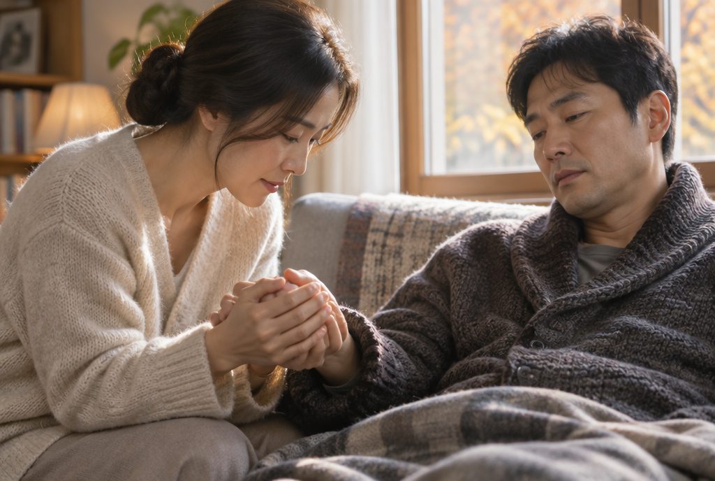 편마비로 차가워진 남편의 오른손을 두 손으로 감싸는 아내