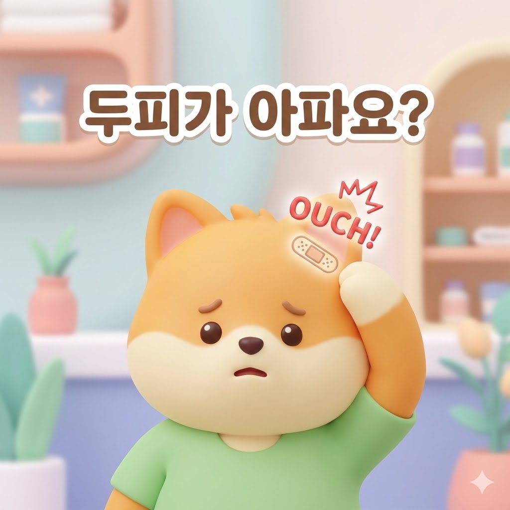 두피 통증으로 걱정하는 귀여운 캐릭터의 3D 카툰 일러스트. '두피가 아파요?' 문구가 강조되어 있음.