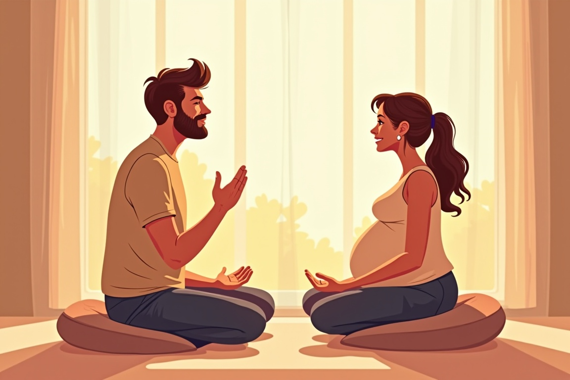 임신한 부부가 함께 앉아 이야기 하는 모습