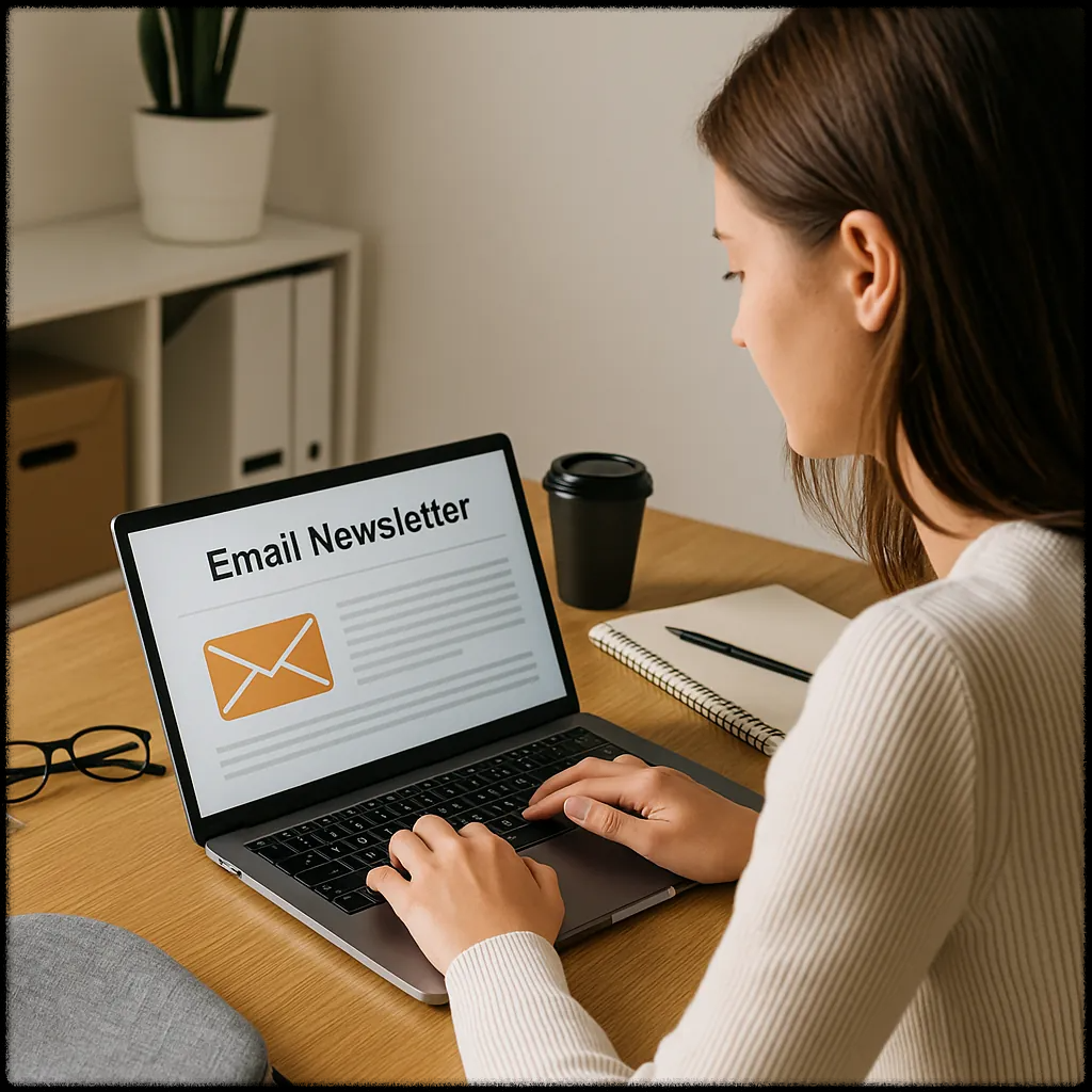 뉴스레터 콘텐츠를 작성하는 여성의 이미지