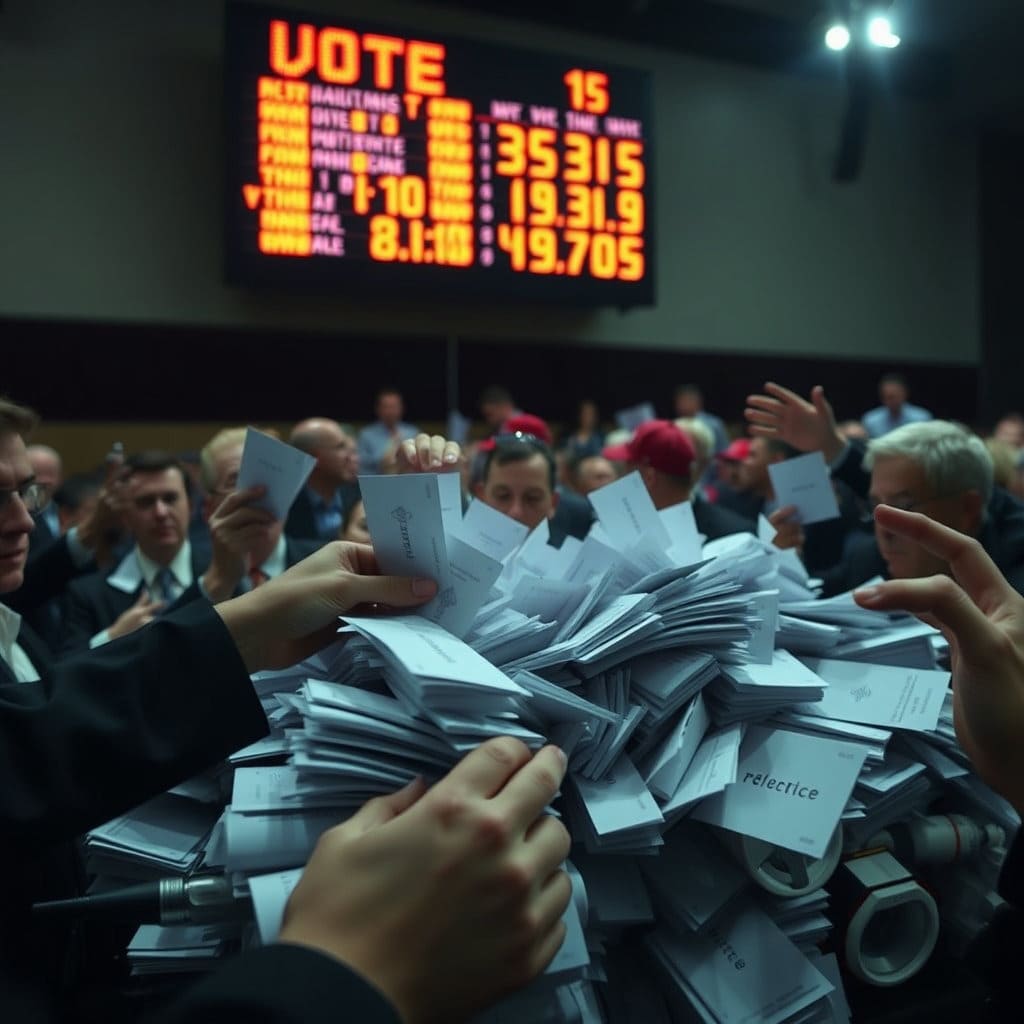 분주하게 움직이는 손들, 쌓여 있는 투표용지, 개표 진행을 알리는 전광판 등을 통해 선거 결과가 결정되는 긴장감 있는 순간을 표현합니다.
