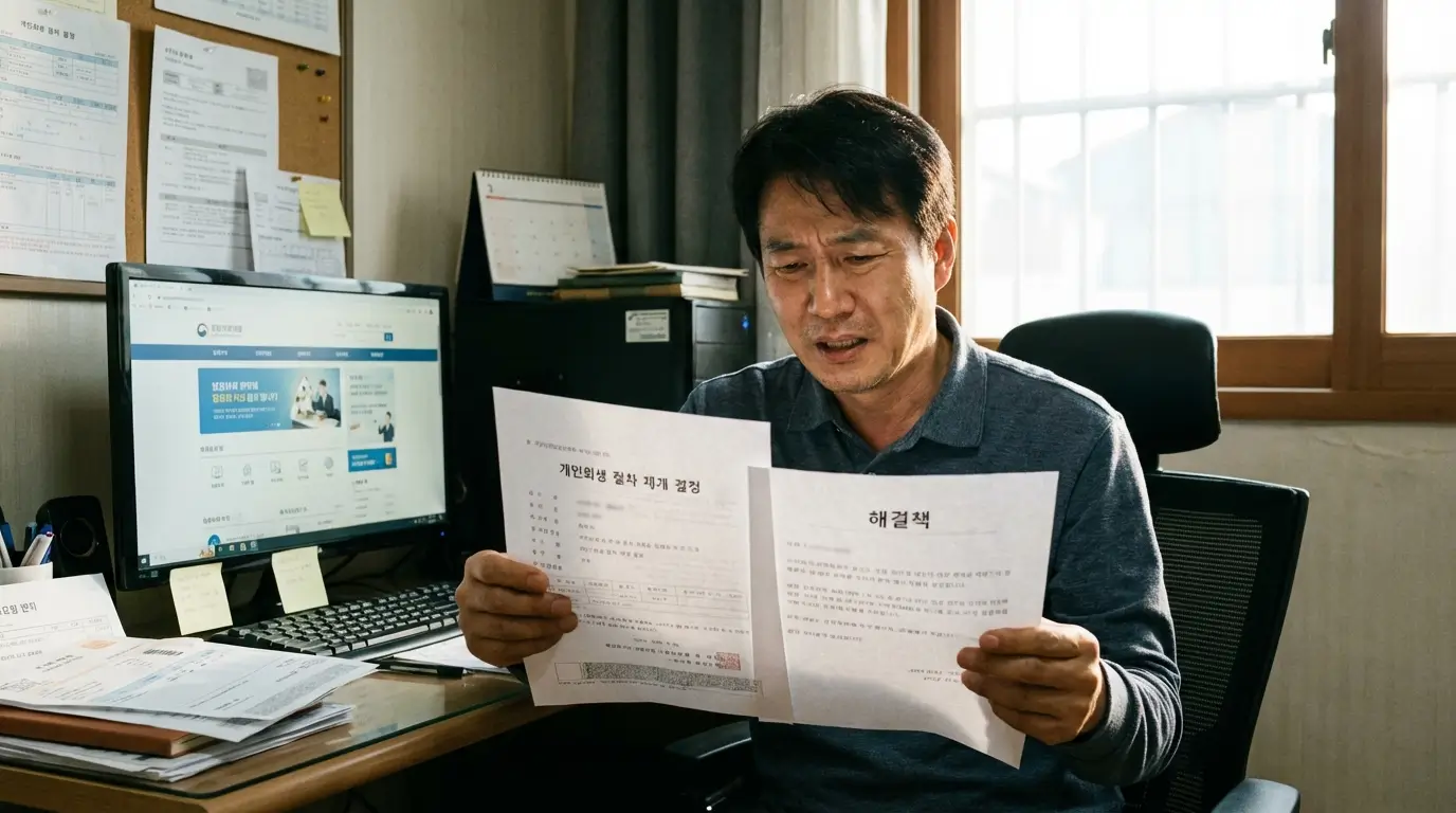 변제금 미납으로 인한 개인회생 폐지 위기 속에서 해결책을 찾아 안도하는 사람의 모습