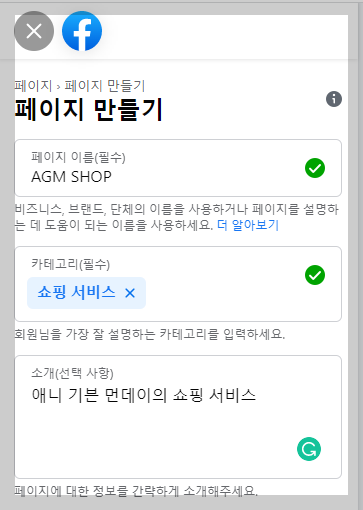 페이지 만들기 정보 입력 화면 사진