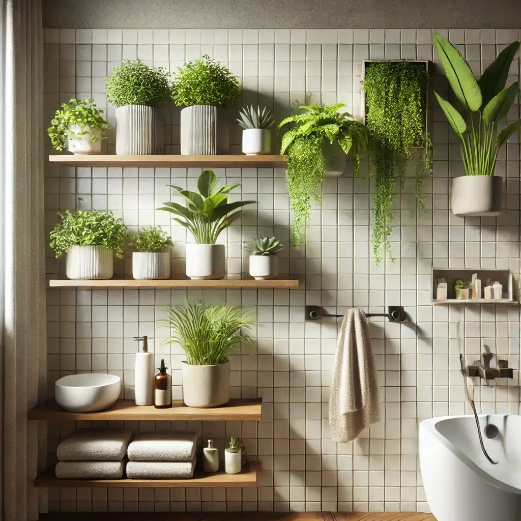 선반에 화분과 벽걸이 화분이 설치된 화장실 모습.