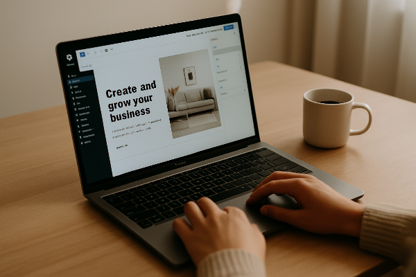 온라인 부업을 위해 노트북으로 작업