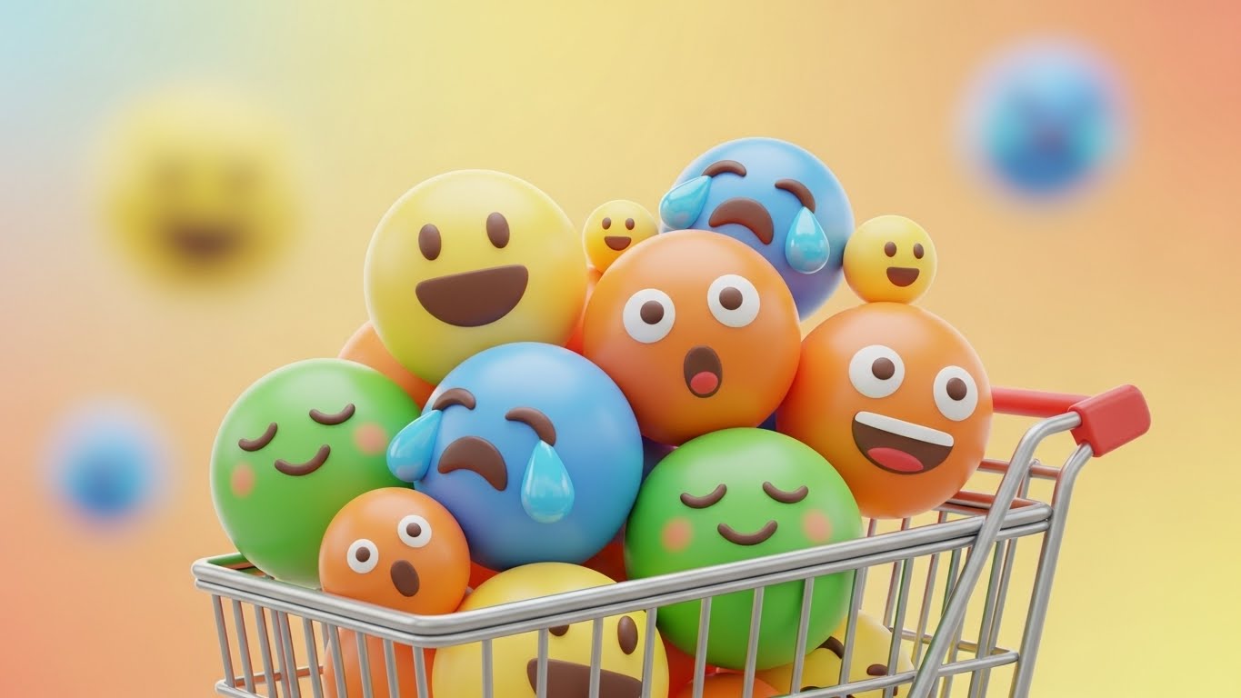 A shopping cart filled with various 3D mood emojis (happy, tearful, excited, relaxed) instead of products. The background is warm and vibrant orange and yellow pastel tones, with a soft 3D rendering style creating a cute and trendy atmosphere.