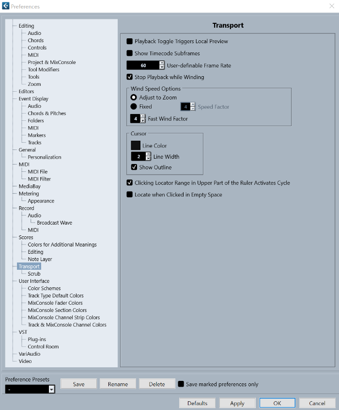 큐베이스 13 - Transport 섹션의 환경설정