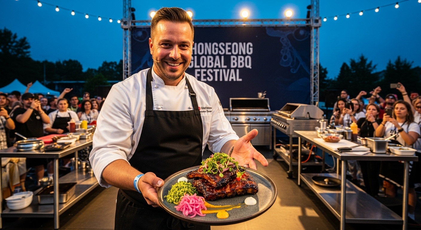 유명 셰프가 쿠킹쇼에서 완성된 바비큐 요리를 선보이는 모습. 관객들이 집중하고 있다.