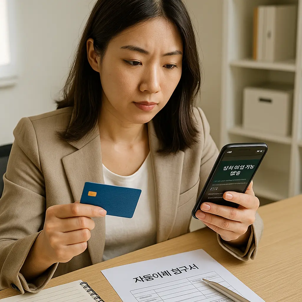 체크카드와 스마트폰 자동납부 화면을 비교하며 자동이체 실적 인정 여부를 점검하는 한국인 여성 직장인의 세부 확인 장면입니다.
