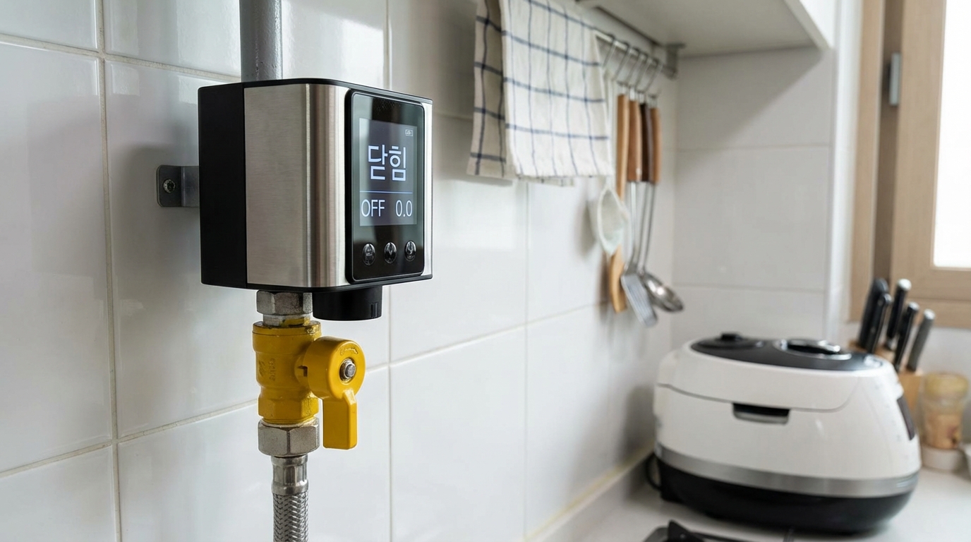 한국 가정 주방 가스 밸브에 설치된 디지털 가스 차단기가 닫히는 모습