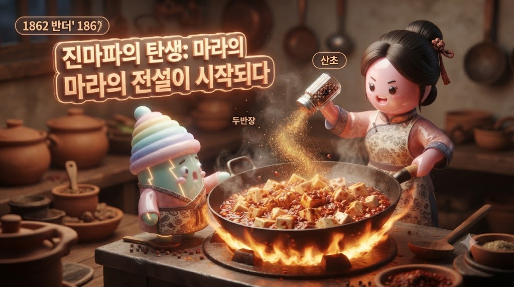 1862년 청두의 작은 식당, '진마파'가 처음 마파두부를 만들어낸 순간입니다. 3D 쫀쿠가 진마파가 되어 뜨거운 웍(Wok) 앞에서 요리를 하고 있습니다. 웍 안에서는 부드러운 두부가 붉은 두반장 소스와 어우러지며 먹음직스럽게 끓고 있고, 마지막에 뿌리는 산초 가루가 황금빛 불꽃처럼 튀어 오릅니다. 완성된 마파두부 위로 '마라(麻辣)의 결정체'라는 홀로그램 글씨가 떠오릅니다.