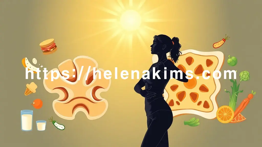 왼쪽은 단단하고 촘촘한 뼈 단면, 오른쪽은 구멍이 많은 골다공증 뼈 단면. 그 위에 햇살(비타민 D), 칼슘이 풍부한 음식(우유, 녹색 채소), 활기차게 운동하는 중년 여성의 이미지.