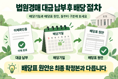 법원경매 대금 납부 후 배당기일과 배당표 원안을 확인하는 모습