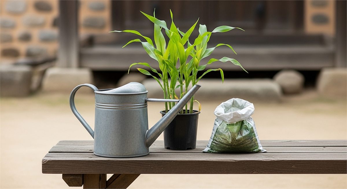 물조리개와 비료, 어린 잎으로 관리 포인트를 보여주는 장면