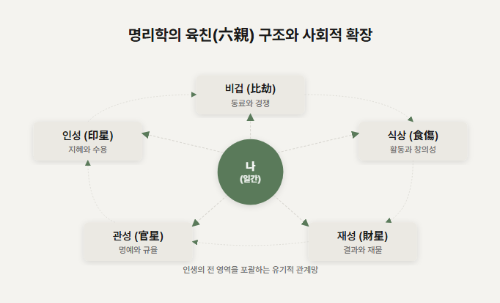 명리학에서 육친은 단순히 혈연 가족을 넘어, '나'를 중심으로 세상과의 관계성 및 인생의 다양한 흐름을 읽어내는 핵심 열쇠이다.