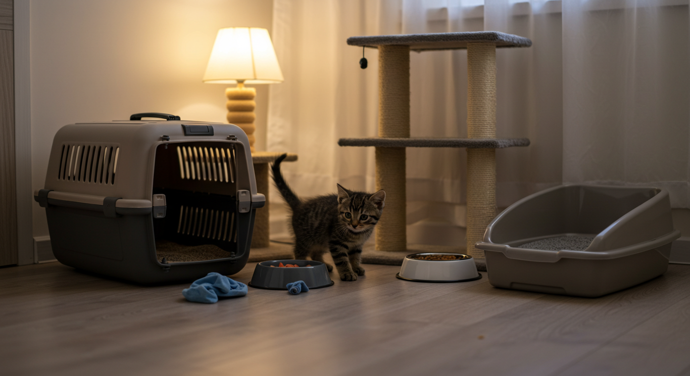 고양이 입양을 앞두고 준비된 공간. 이동장, 스크래처, 사료 그릇, 고양이 화장실 등이 놓여 있고, 한 마리의 아기 고양이가 새 환경을 탐색하고 있는 따뜻하고 정돈된 실내 모습.
