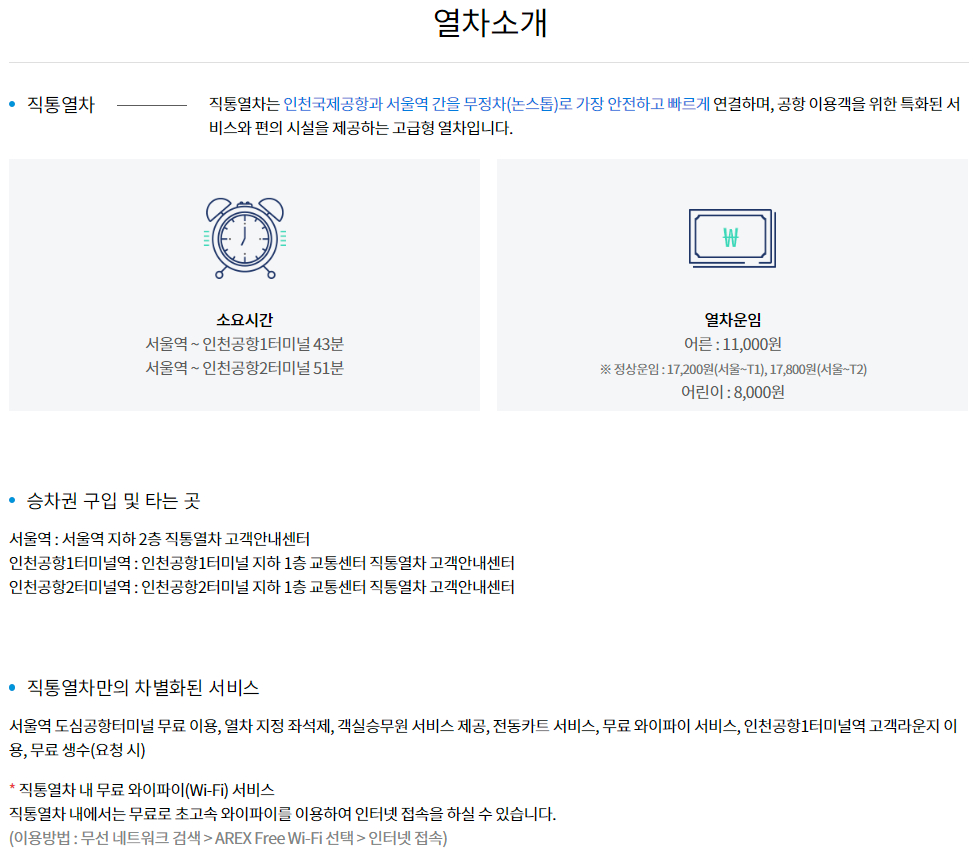 서울역 ↔ 인천국제공항 공항철도 직통열차 소요시간 / 열차운임