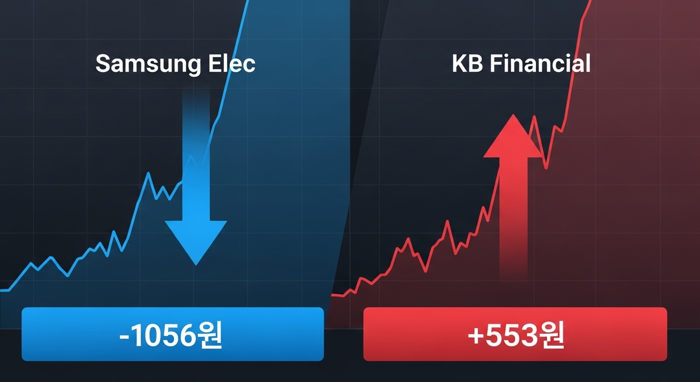 '삼성전자' 주식 그래프는 급락(파란색), 'KB금융/삼성화재' 그래프는 급등(빨간색)하는 대비 이미지