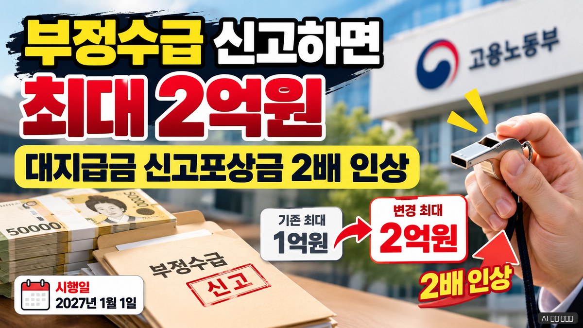 대지급금 부정수급 신고포상금 최대 2억원으로 2배 인상 및 2027년 1월 1일 시행 안내