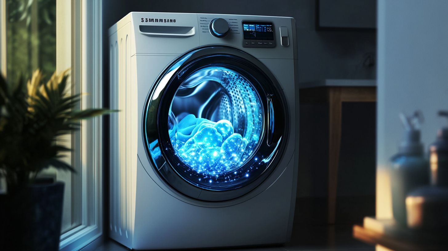 삼성 워시타워의 혁신적인 AI 세탁 시스템을 강조하며 빛나는 에코 버블 효과와 함께 첨단 기술을 시연하는 이미지입니다.