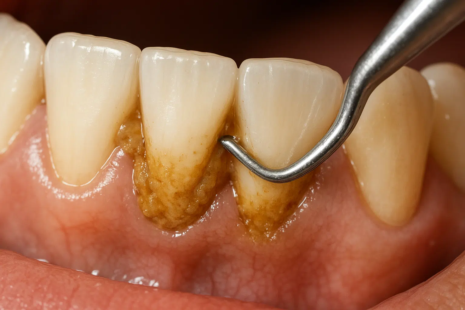 치아와 잇몸 경계 부위 확대 이미지, 단단히 굳은 노란 치석이 쌓여 있는 모습