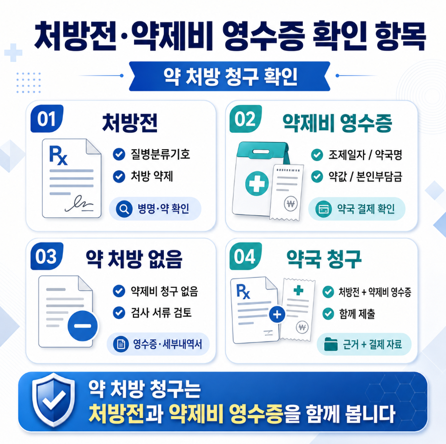 처방전과 약제비 영수증에서 질병분류기호, 처방 약제, 약국 결제 금액을 확인하는 기준 인포그래픽