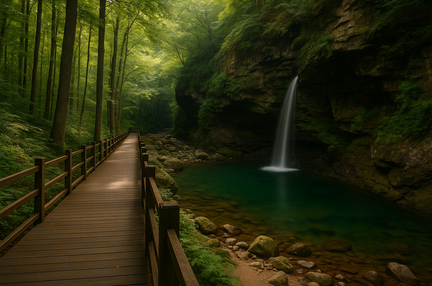 산속 안에서 보이는 폭포 사진