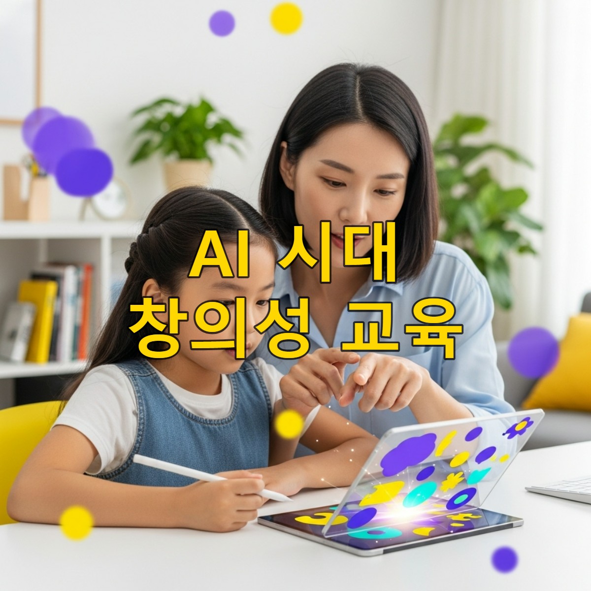 AI 시대에 엄마와 딸이 함께 투명 태블릿으로 창의적인 아이디어를 탐색하며 대화하는 모습. 부모 교육을 통해 아이의 창의성을 키우는 긍정적인 상호작용.