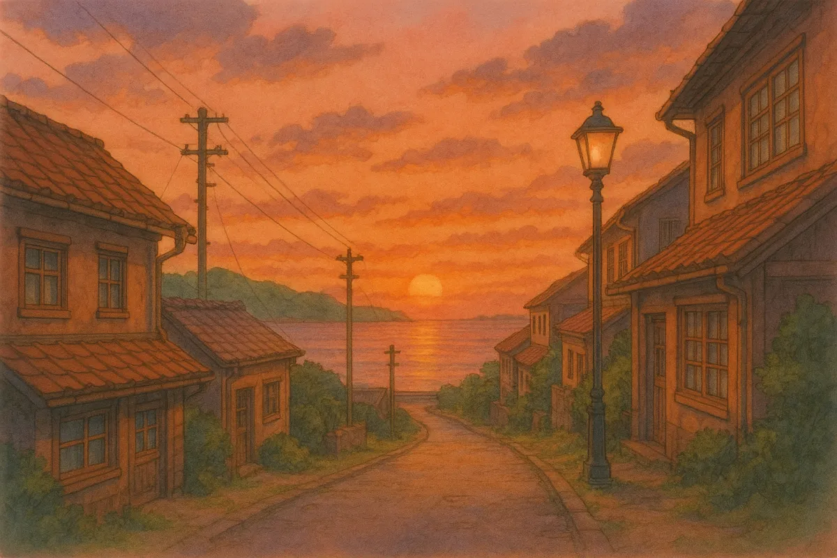 A quiet seaside town at sunset, hand-drawn Ghibli look, emotional atmosphere, nostalgic mood image