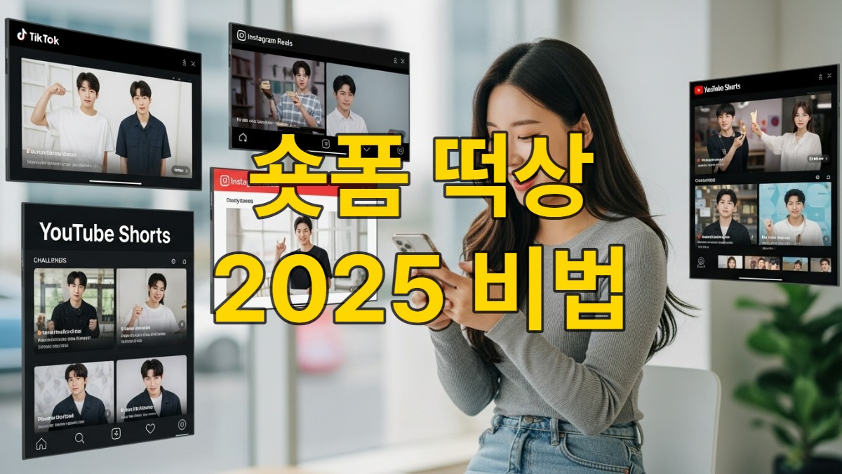 스마트폰으로 숏폼 챌린지에 참여하며 즐거워하는 한국 젊은 여성. 배경에는 틱톡, 릴스, 쇼츠 등 다양한 숏폼 플랫폼 영상이 재생되는 디지털 화면들이 보인다.
