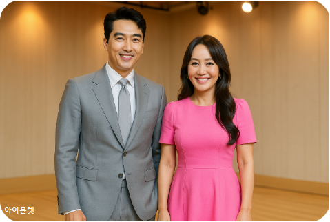 제작발표회에서 포즈를 취하는 송승헌과 엄정화(가상으로 AI 재현)